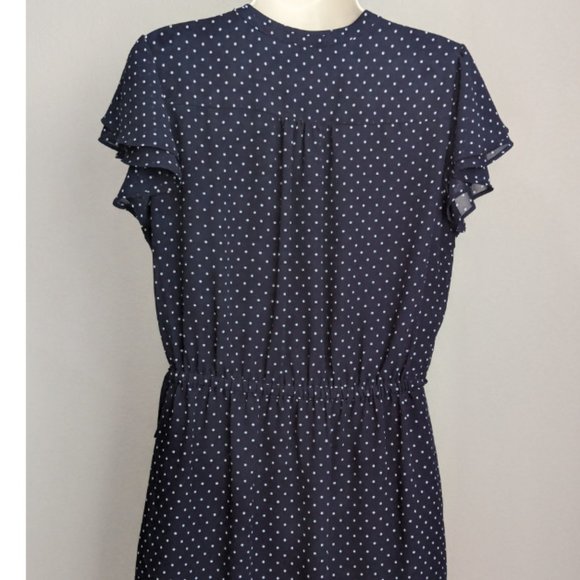 H&M Navy Blue V-neck Polk-A-Dot Midi Dress with Ruffled Sleeves & Tie Waist - Picture 3 of 11